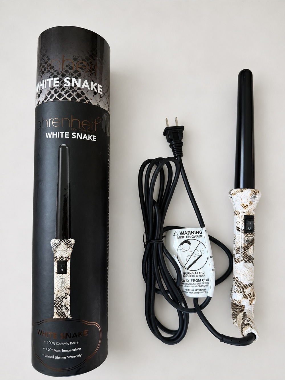 Fahrenheit White Snake Ceramic Curling Wand 450°F Tourmaline Dual Voltage